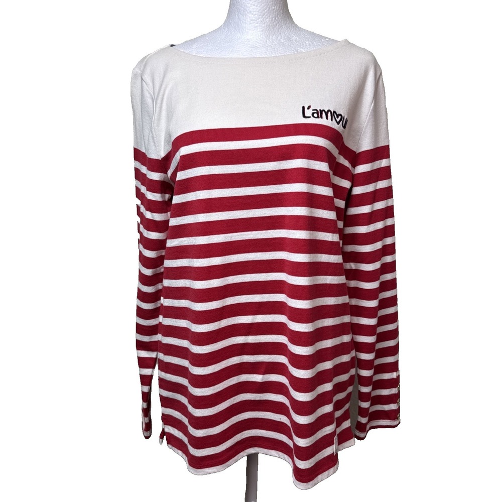 Talbots Lamour Red Cream Striped Breton Tee Boatneck Button Sleeve Knit Top M